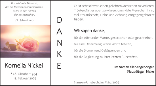 Traueranzeige von Kornelia Nickel von Usinger Anzeiger, Usinger Anzeigenblatt