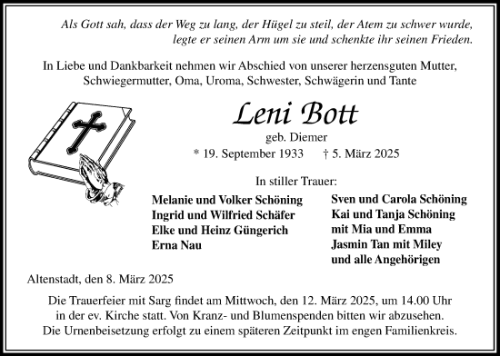 Traueranzeige von Leni Bott von Kreis-Anzeiger