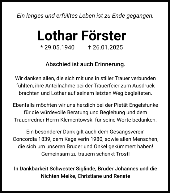 Traueranzeige von Lothar Förster von Wetterauer Zeitung