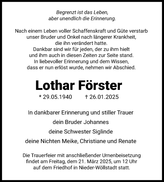 Traueranzeige von Lothar Förster von Wetterauer Zeitung