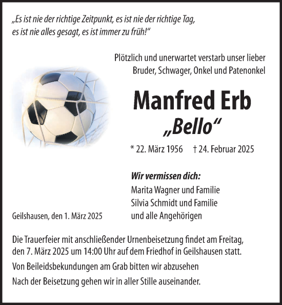 Traueranzeige von Manfred Erb von Giessener Allgemeine, Alsfelder Allgemeine