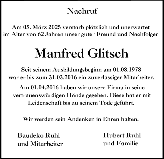 Traueranzeige von Manfred Glitsch von Lauterbacher Anzeiger