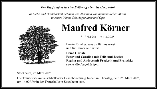 Traueranzeige von Manfred Körner von Kreis-Anzeiger