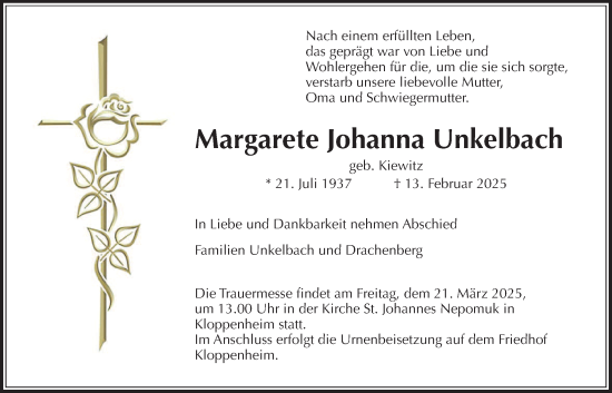 Traueranzeige von Margarete Johanna Unkelbach von Bad Vilbel/Karben