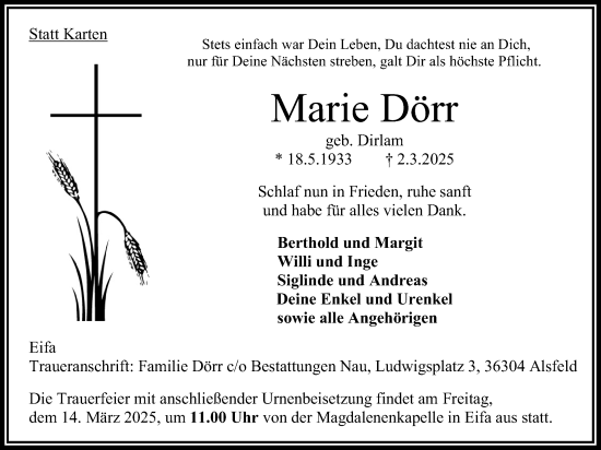 Traueranzeige von Marie Dörr von Oberhessische Zeitung