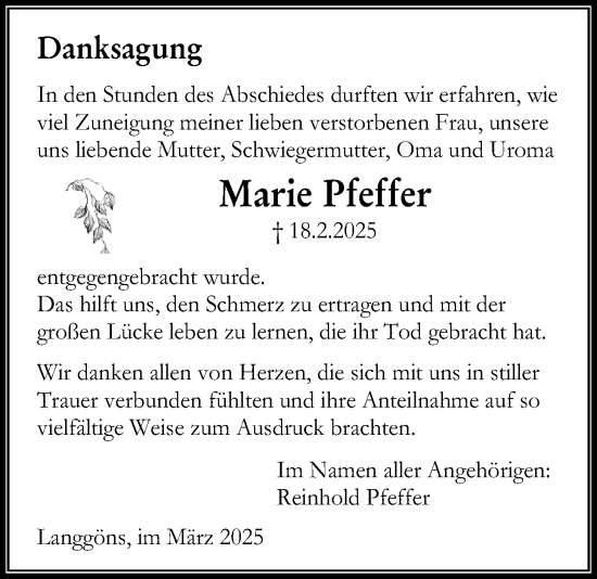 Traueranzeige von Marie Pfeffer von Giessener Allgemeine, Alsfelder Allgemeine