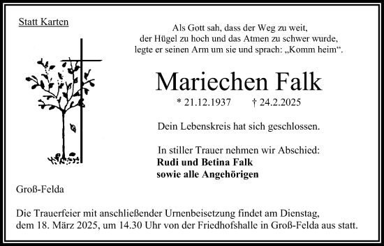 Traueranzeige von Mariechen Falk von Oberhessische Zeitung