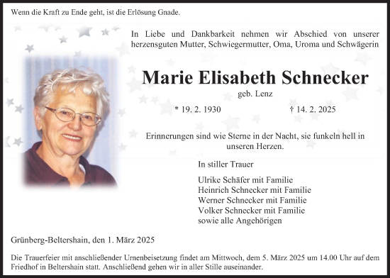 Traueranzeige von Marie Elisabeth Schnecker von Giessener Allgemeine, Alsfelder Allgemeine, Giessener Anzeiger