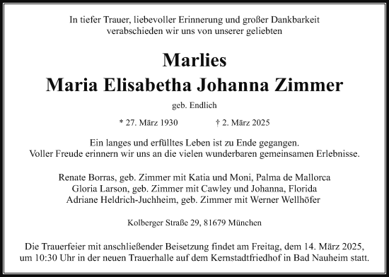 Traueranzeige von Marlies Maria Elisabetha Johanna  Zimmer von Wetterauer Zeitung