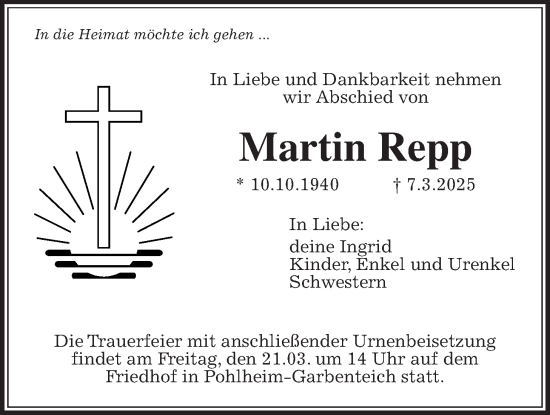 Traueranzeige von Martin Repp von Giessener Allgemeine, Alsfelder Allgemeine