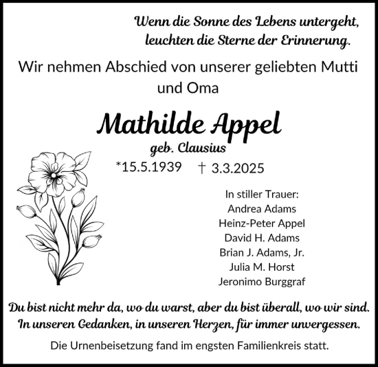 Traueranzeige von Mathilde Appel von Wetterauer Zeitung