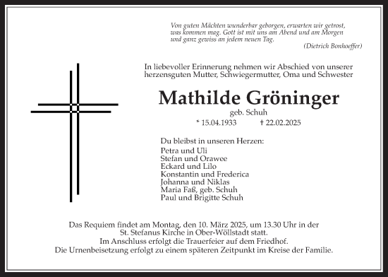 Traueranzeige von Mathilde Gröninger von Wetterauer Zeitung