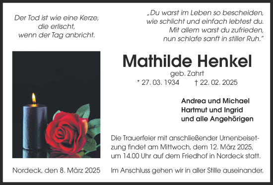 Traueranzeige von Mathilde Henkel von Giessener Allgemeine, Alsfelder Allgemeine