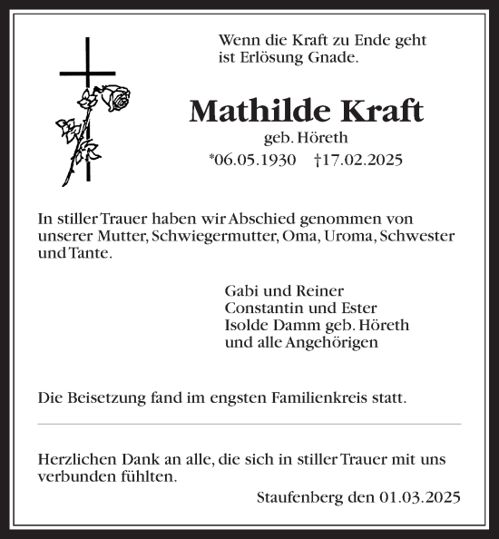 Traueranzeige von Mathilde Kraft von Giessener Allgemeine, Alsfelder Allgemeine, Giessener Anzeiger