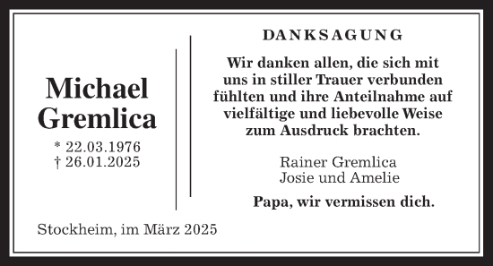 Traueranzeige von Michael Gremlica von Kreis-Anzeiger