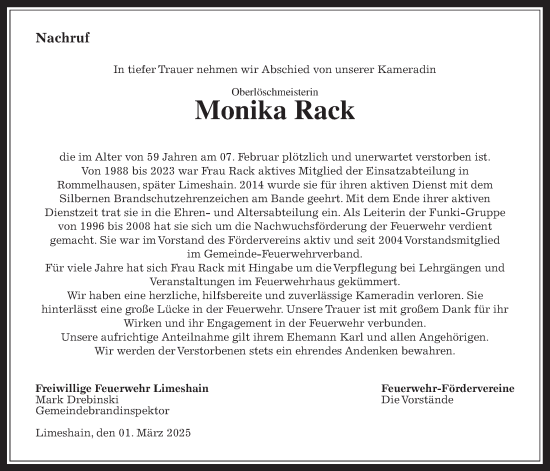 Traueranzeige von Monika Rack von Kreis-Anzeiger