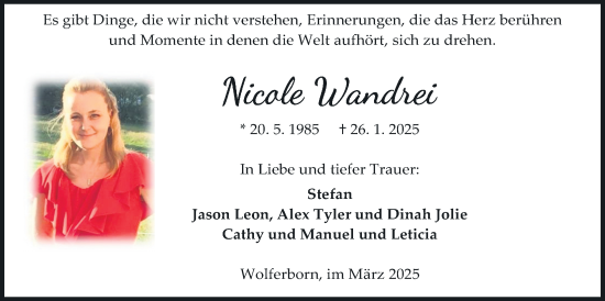 Traueranzeige von Nicole Wandrei von Kreis-Anzeiger