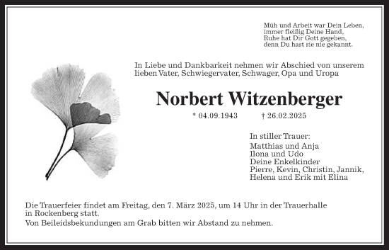 Traueranzeige von Norbert Witzenberger von Butzbacher Zeitung, Kreis-Anzeiger
