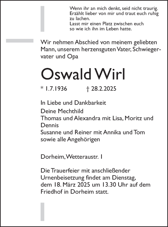 Traueranzeige von Oswald Wirl von Wetterauer Zeitung