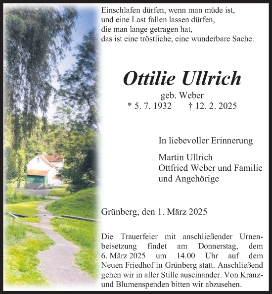 Traueranzeige von Ottilie Ullrich von Giessener Allgemeine, Alsfelder Allgemeine