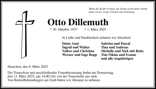 Traueranzeige von Otto Dillemuth von Kreis-Anzeiger