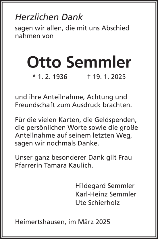 Traueranzeige von Otto Semmler von Oberhessische Zeitung