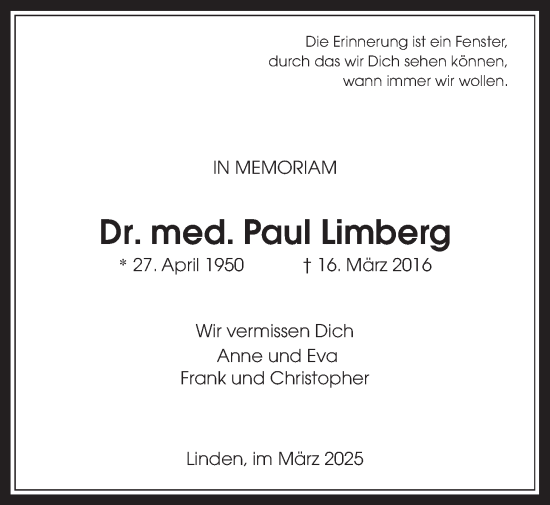 Traueranzeige von Paul Limberg von Giessener Anzeiger, Giessener Allgemeine, Alsfelder Allgemeine