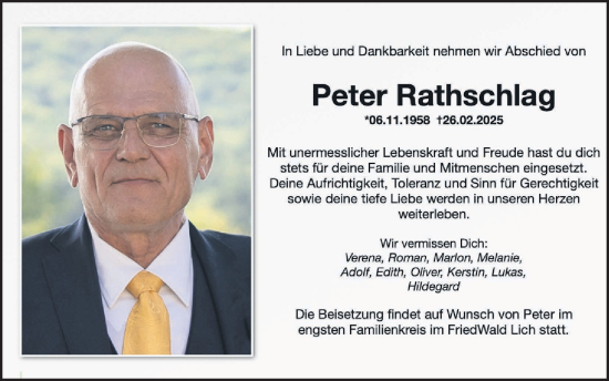 Traueranzeige von Peter Rathschlag von Wetterauer Zeitung, Kreis-Anzeiger