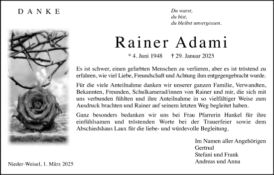 Traueranzeige von Rainer Adami von Wetterauer Zeitung, Butzbacher Zeitung