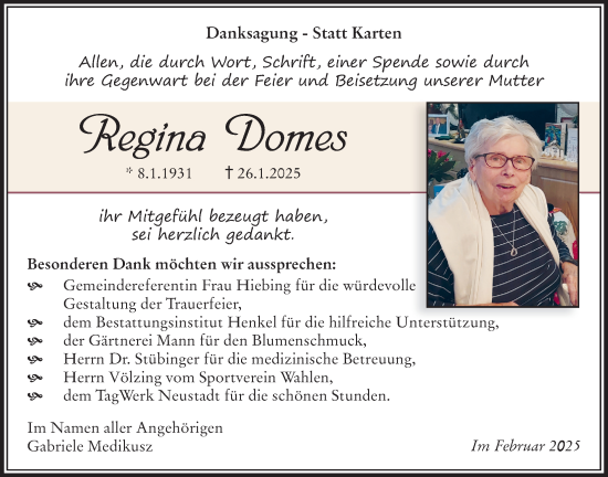 Traueranzeige von Regina Domes von Oberhessische Zeitung