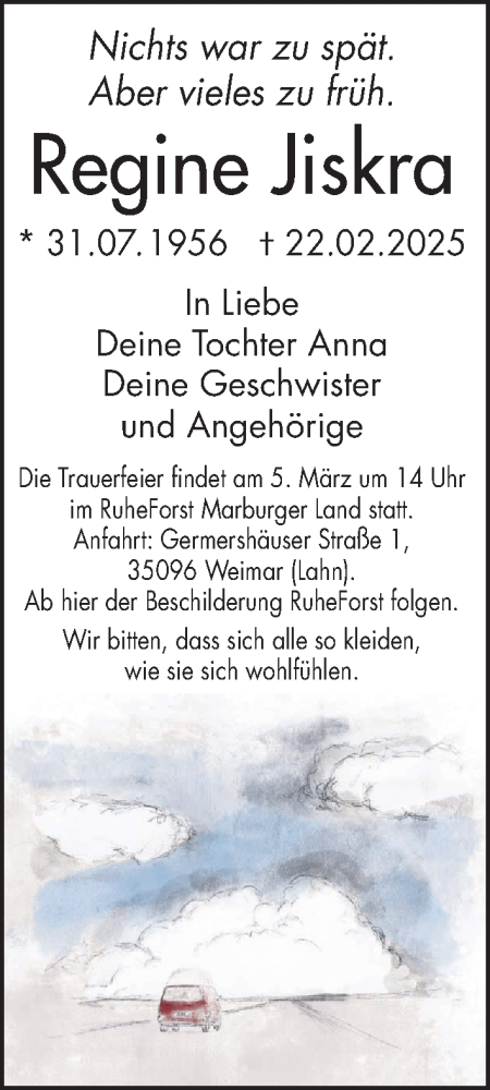 Traueranzeige von Regine Jiskra von Giessener Allgemeine, Alsfelder Allgemeine