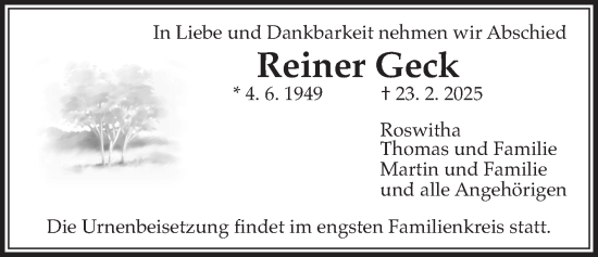 Traueranzeige von Reiner Geck von Wetterauer Zeitung