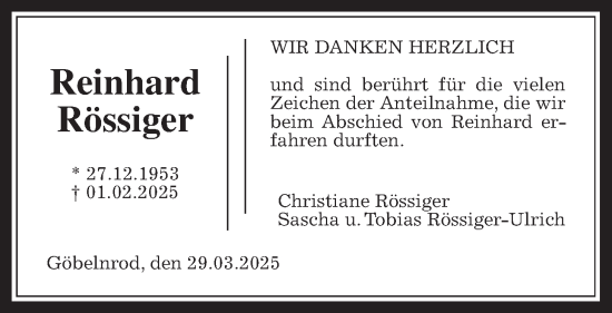Traueranzeige von Reinhard Rössiger von Giessener Allgemeine, Alsfelder Allgemeine, Wetterauer Zeitung