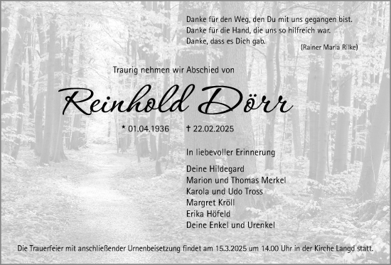 Traueranzeige von Reinhold Dörr von Licher Wochenblatt