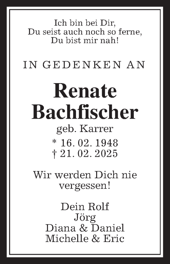 Traueranzeige von Renate Bachfischer von Kreis-Anzeiger