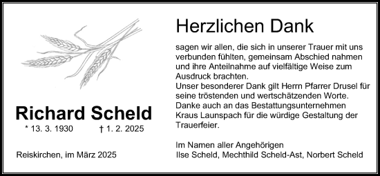 Traueranzeige von Richard Scheld von Giessener Allgemeine, Alsfelder Allgemeine, Giessener Anzeiger