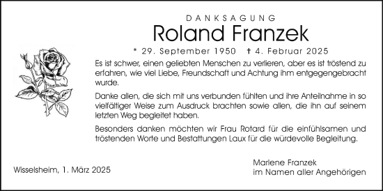Traueranzeige von Roland Franzek von Wetterauer Zeitung