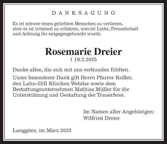 Traueranzeige von Rosemarie Dreier von Giessener Allgemeine, Alsfelder Allgemeine