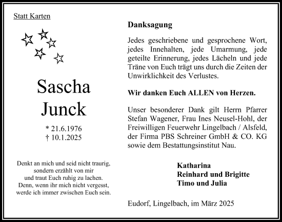 Traueranzeige von Sascha Junck von Oberhessische Zeitung