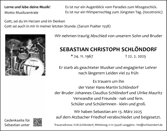 Traueranzeige von Sebastian Christoph Schlöndorf von Giessener Allgemeine, Alsfelder Allgemeine