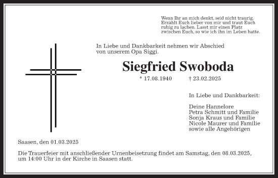 Traueranzeige von Siegfried Swoboda von Giessener Allgemeine, Alsfelder Allgemeine