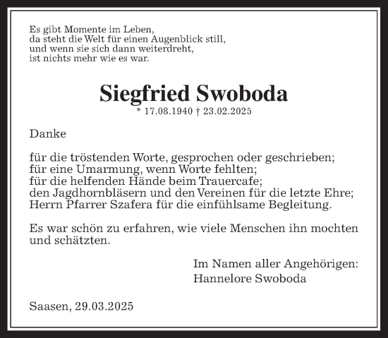 Traueranzeige von Siegfried Swoboda von Giessener Allgemeine, Alsfelder Allgemeine