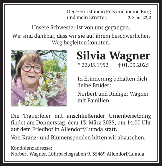 Traueranzeige von Silvia Wagner von Allendorfer Mitteilungen