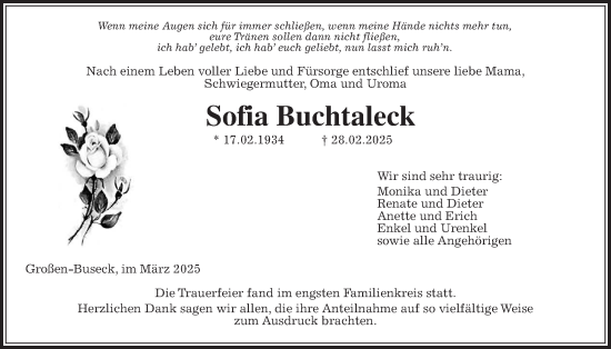 Traueranzeige von Sofia Buchtaleck von Giessener Allgemeine, Alsfelder Allgemeine