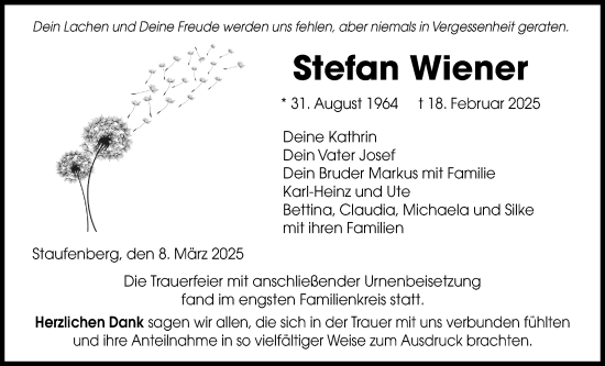 Traueranzeige von Stefan Wiener von Giessener Allgemeine, Alsfelder Allgemeine, Giessener Anzeiger