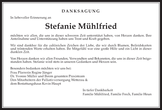 Traueranzeige von Stefanie Mühlfried von Kreis-Anzeiger