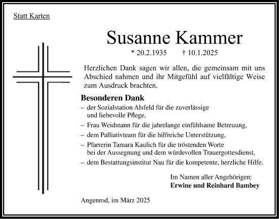 Traueranzeige von Susanne Kammer von Oberhessische Zeitung