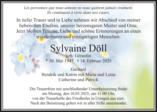 Traueranzeige von Sylvaine Döll von Usinger Anzeiger, Usinger Anzeigenblatt