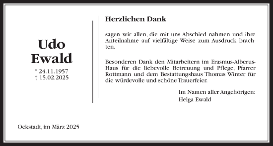 Traueranzeige von Udo Ewald von Wetterauer Zeitung