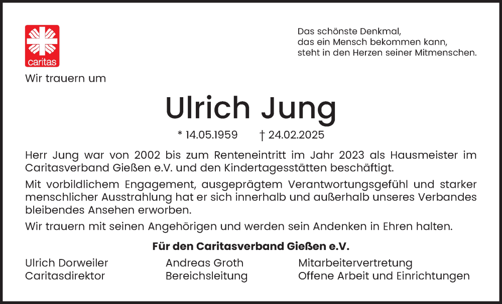  Traueranzeige für Ulrich Jung vom 01.03.2025 aus Giessener Allgemeine, Alsfelder Allgemeine, Giessener Anzeiger